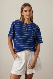 Stevie Slouchy Tee - Prussian Blue/Milk Stripe