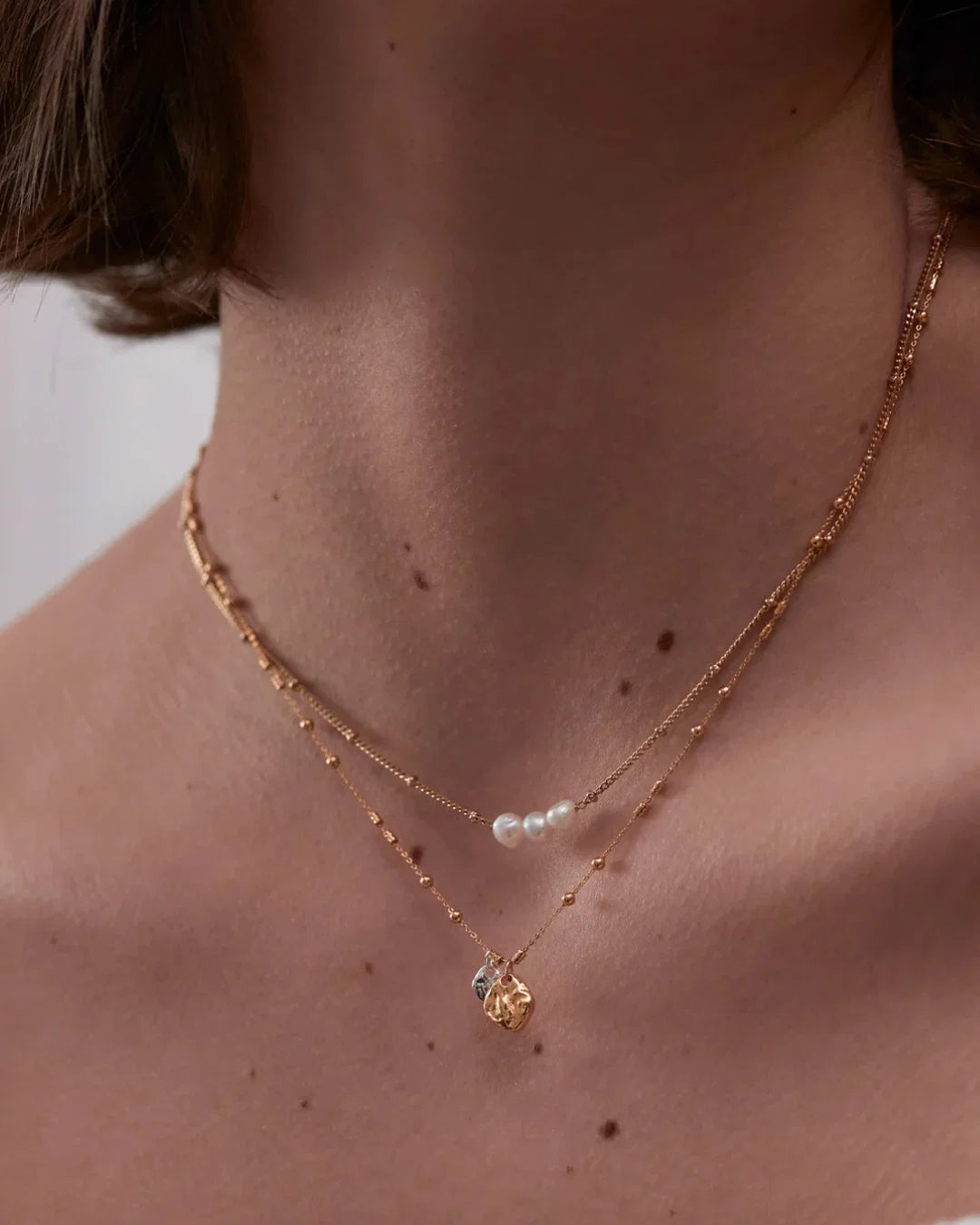 Triple Beaded Chain & Molten Pebble Necklace