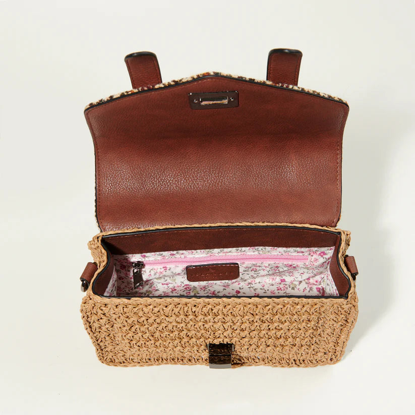 The Mini Straw Satchel- Blue Cream Herringbone