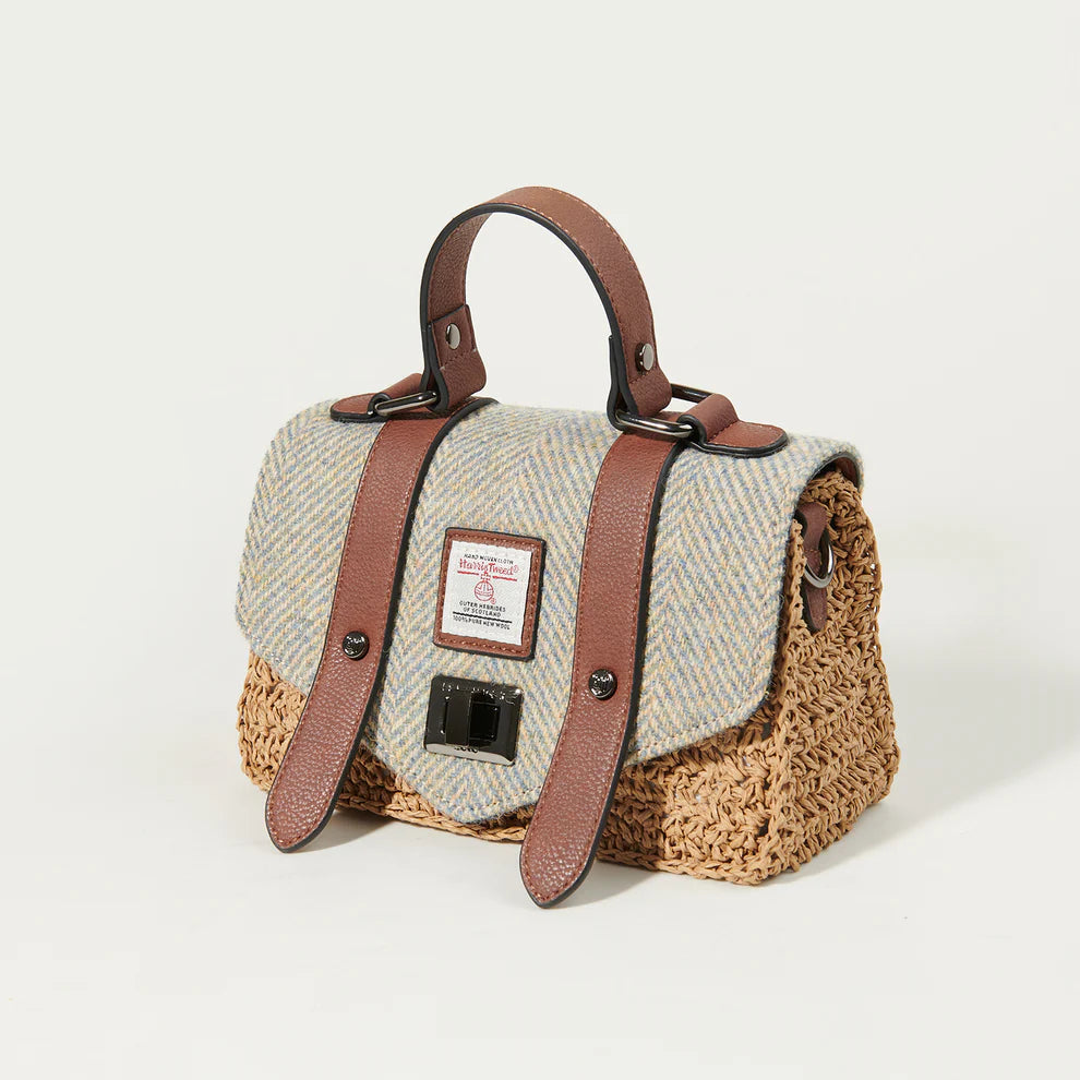 The Mini Straw Satchel- Blue Cream Herringbone