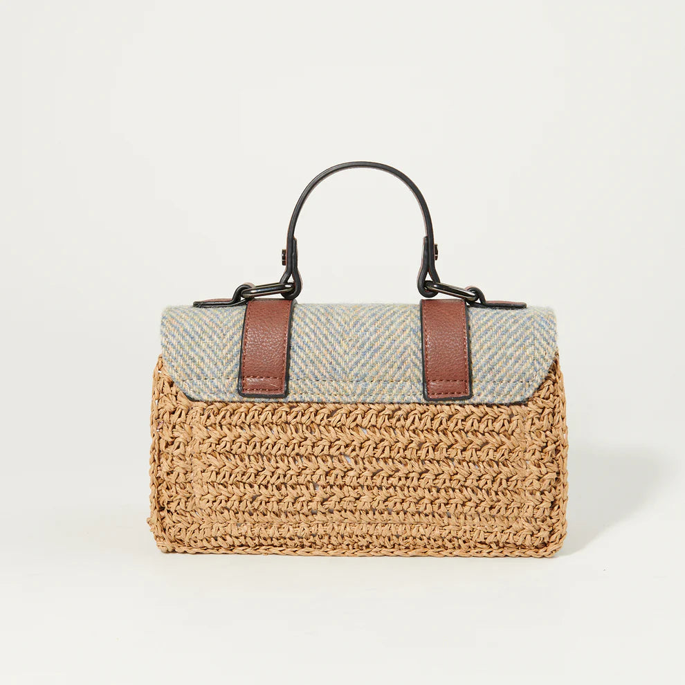 The Mini Straw Satchel- Blue Cream Herringbone