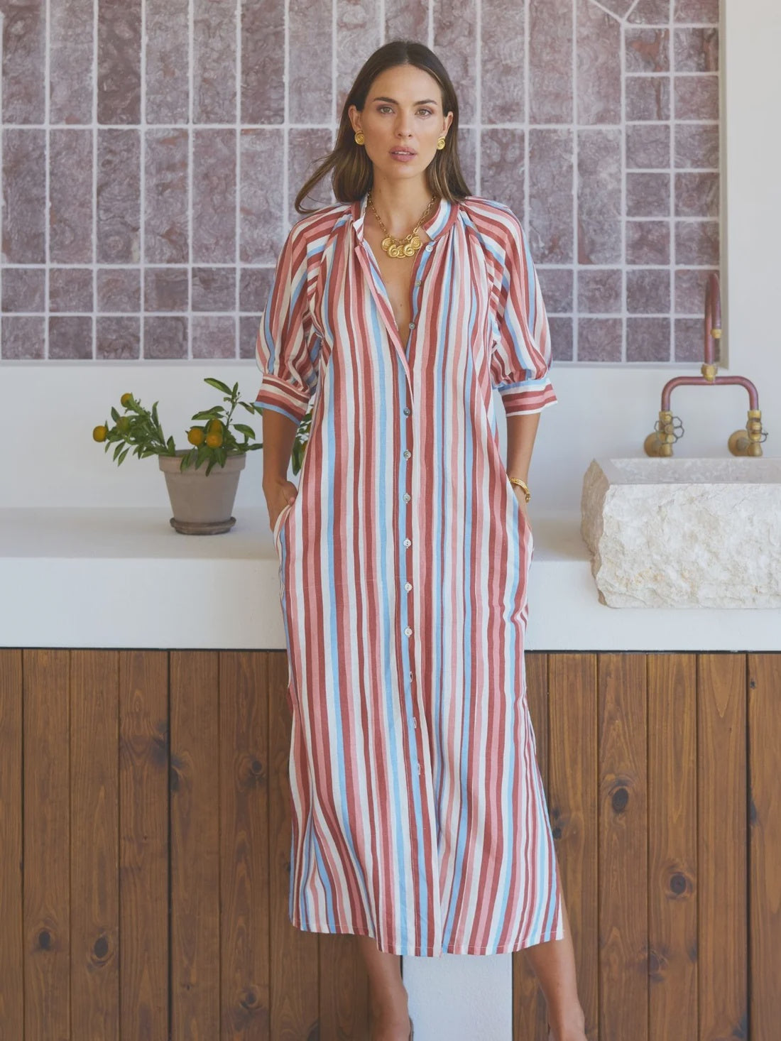 Robe Dress - Mocha Stripe