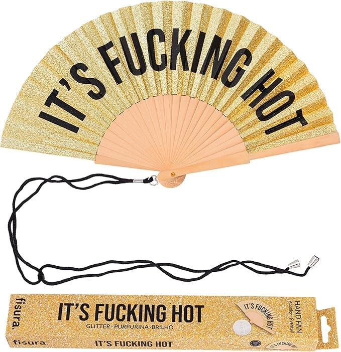 Hand Fan w/Gift Box - Gold Glitter "It's F*cking Hot"