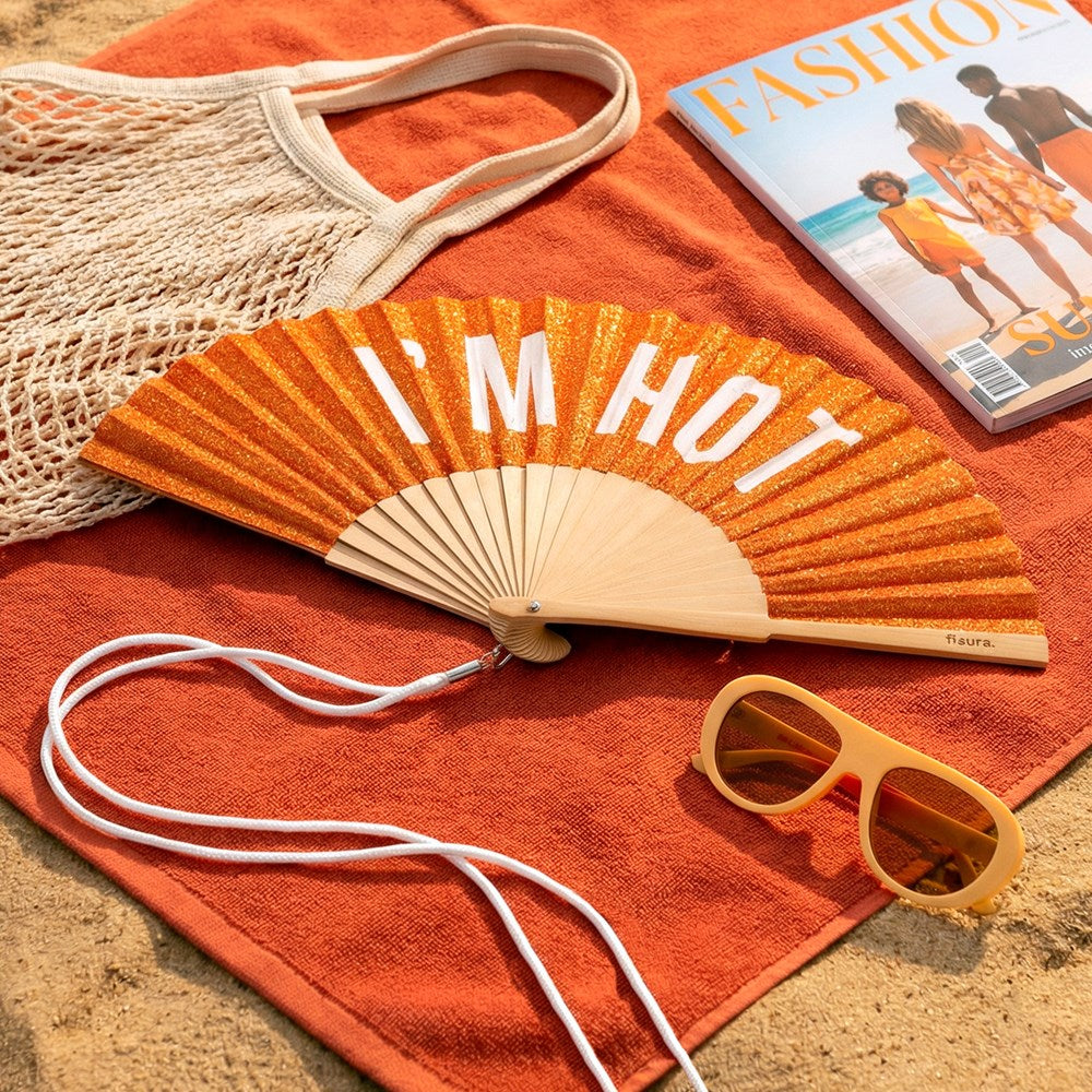 Hand Fan w/Gift Box - Orange Glitter "I'm Hot"