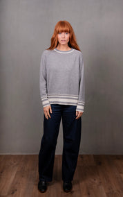Stripe Trim Raglan Pullover -Grey & Ivory - Presence Hamilton