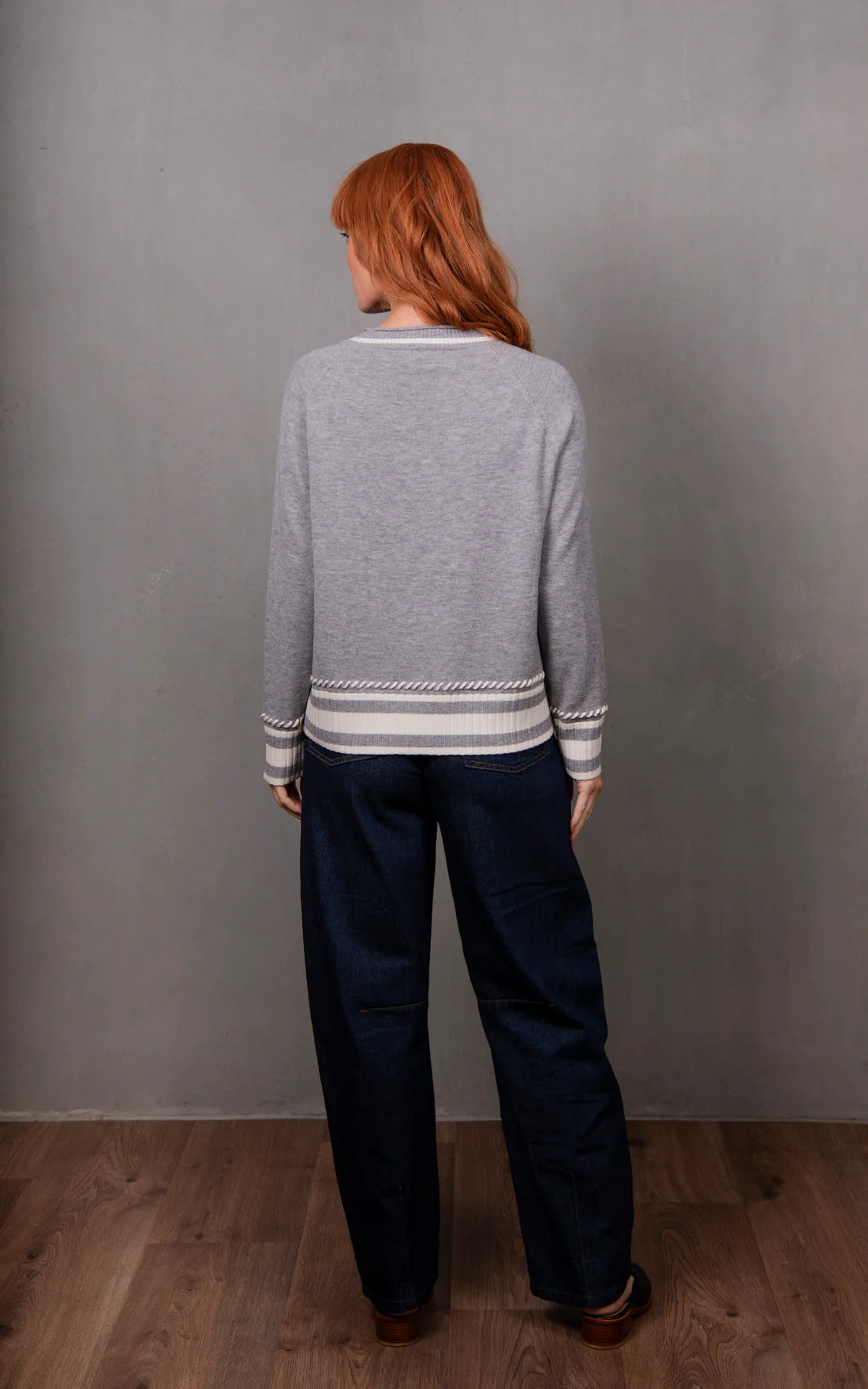 Stripe Trim Raglan Pullover -Grey & Ivory - Presence Hamilton
