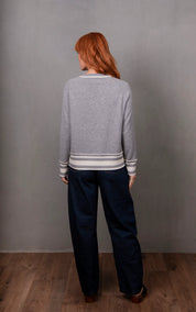 Stripe Trim Raglan Pullover -Grey & Ivory - Presence Hamilton