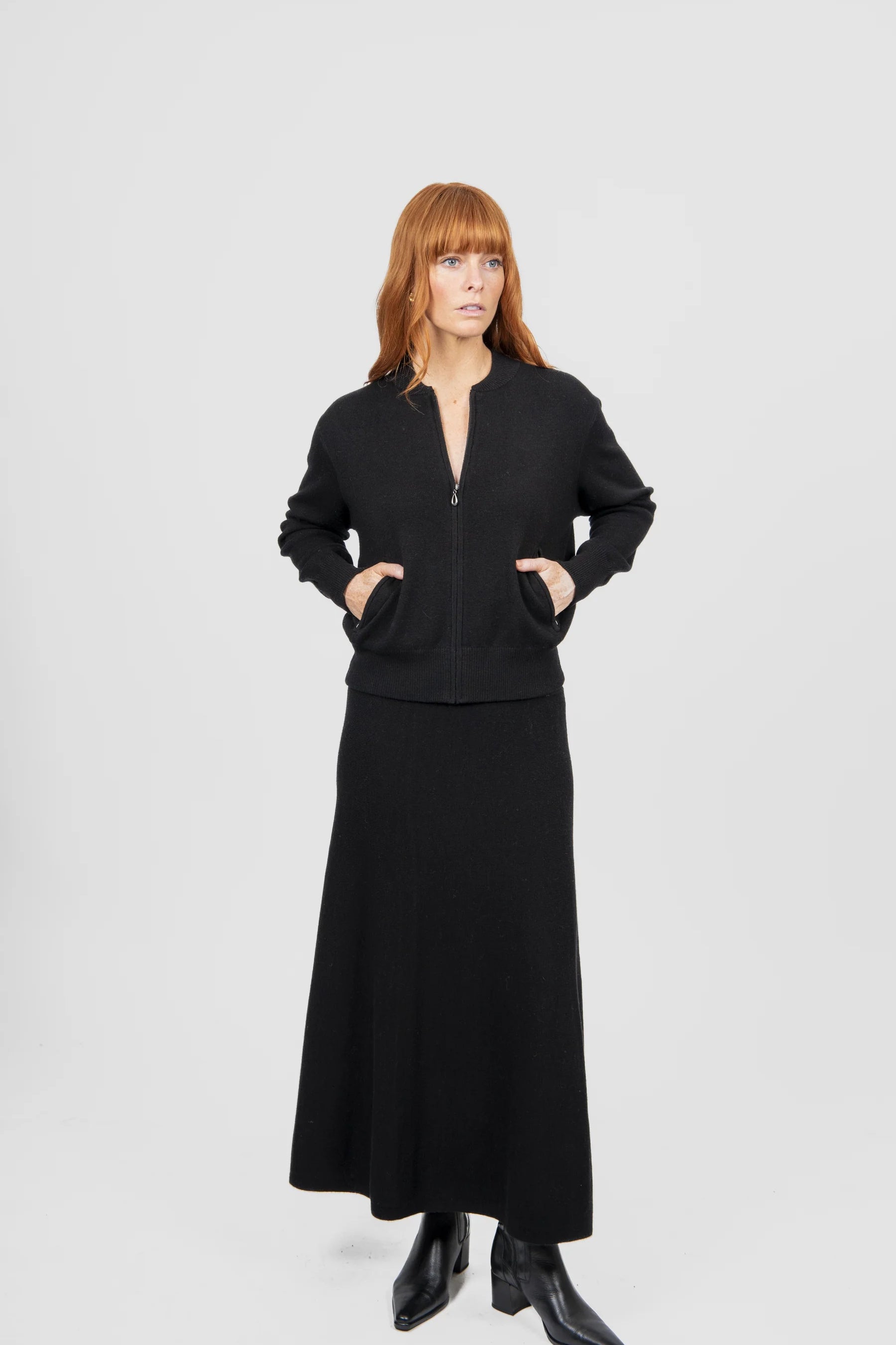 Wool Flared Skirt With Wide Band - Black - Presence Hamilton