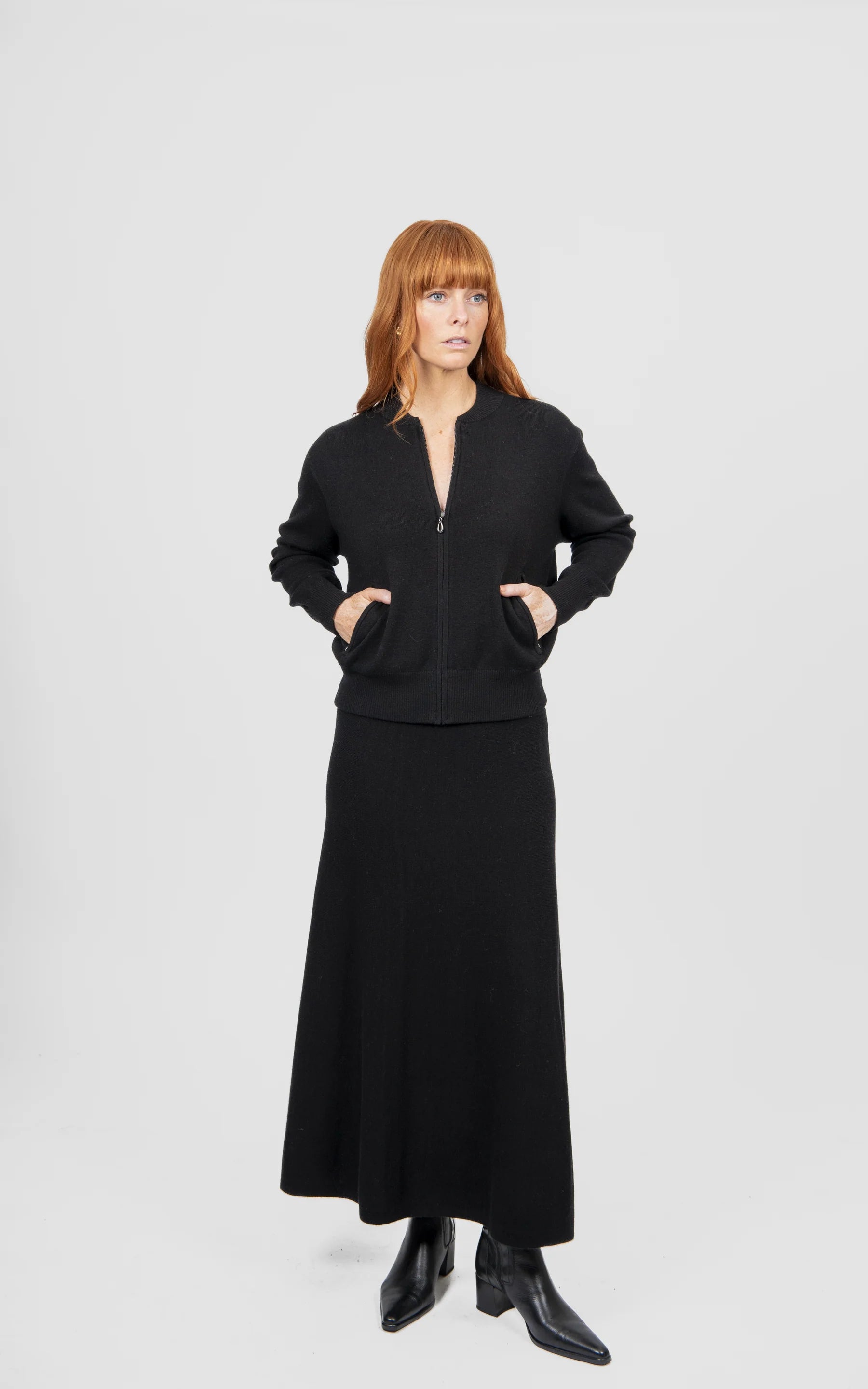 Wool Flared Skirt With Wide Band - Black - Presence Hamilton