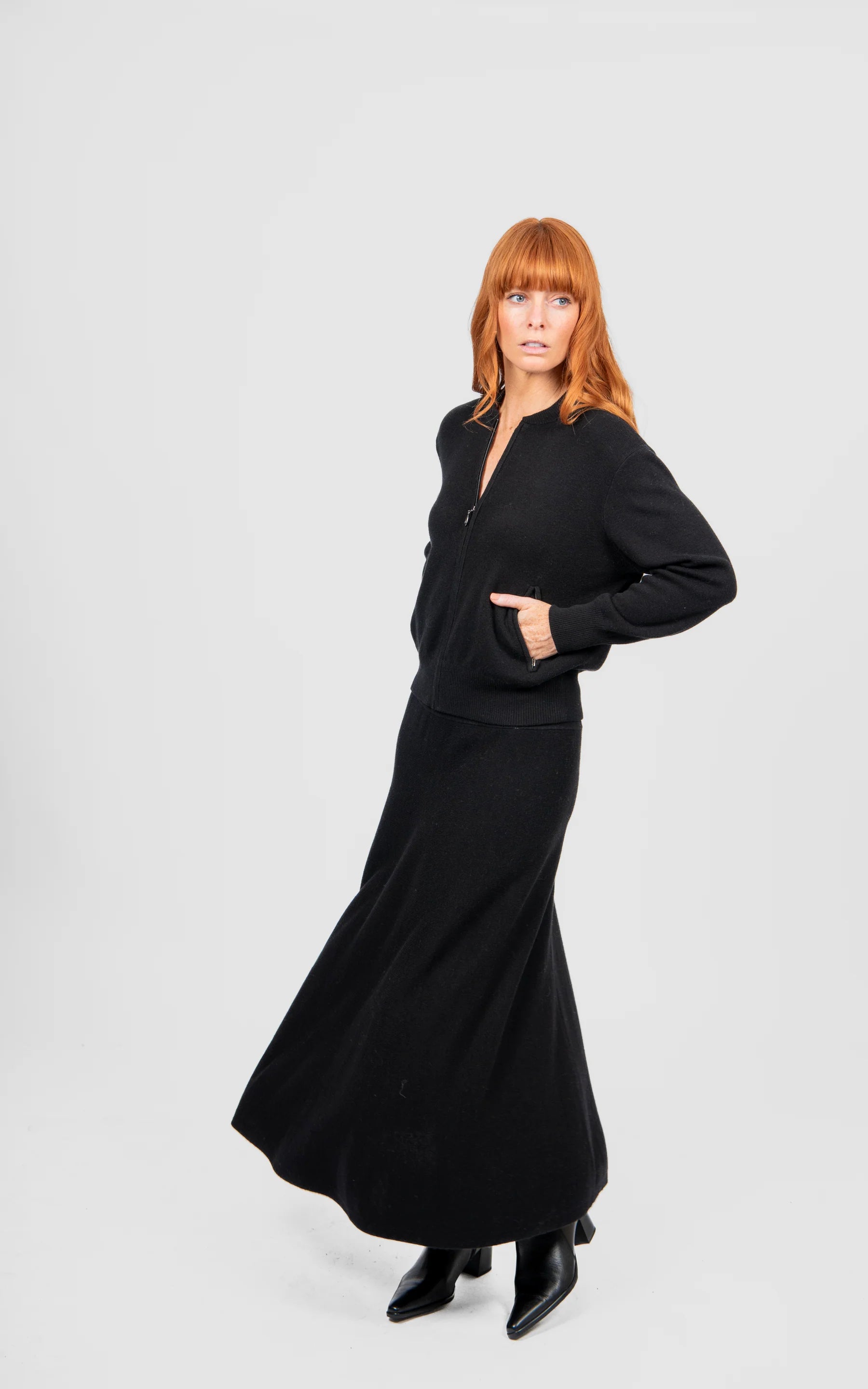 Wool Flared Skirt With Wide Band - Black - Presence Hamilton