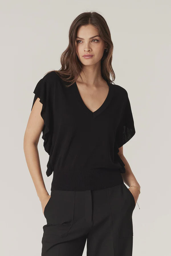 Silk Tencel Frill Top- Black - Presence Hamilton