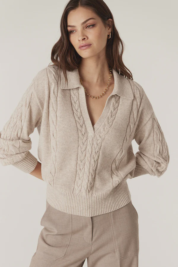 Cashwool Cable Polo Jumper-Sand - Presence Hamilton
