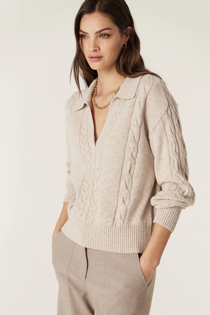 Cashwool Cable Polo Jumper-Sand - Presence Hamilton