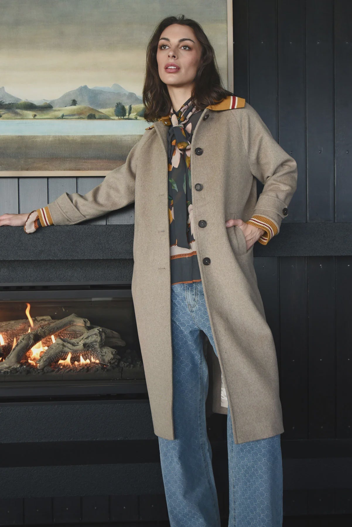 Collar Up Coat- Oatmeal - Presence Hamilton