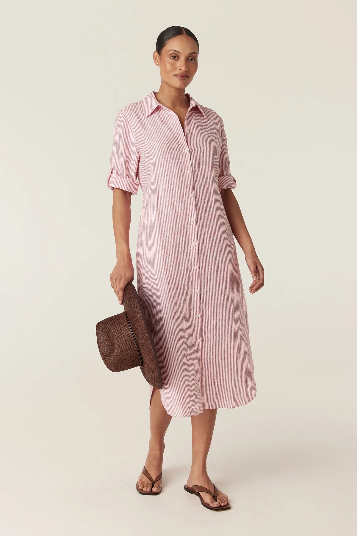 Pure Linen Tie Shirt Dress -Red Stripe