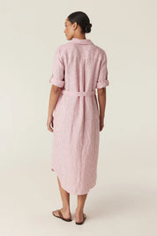 Pure Linen Tie Shirt Dress -Red Stripe