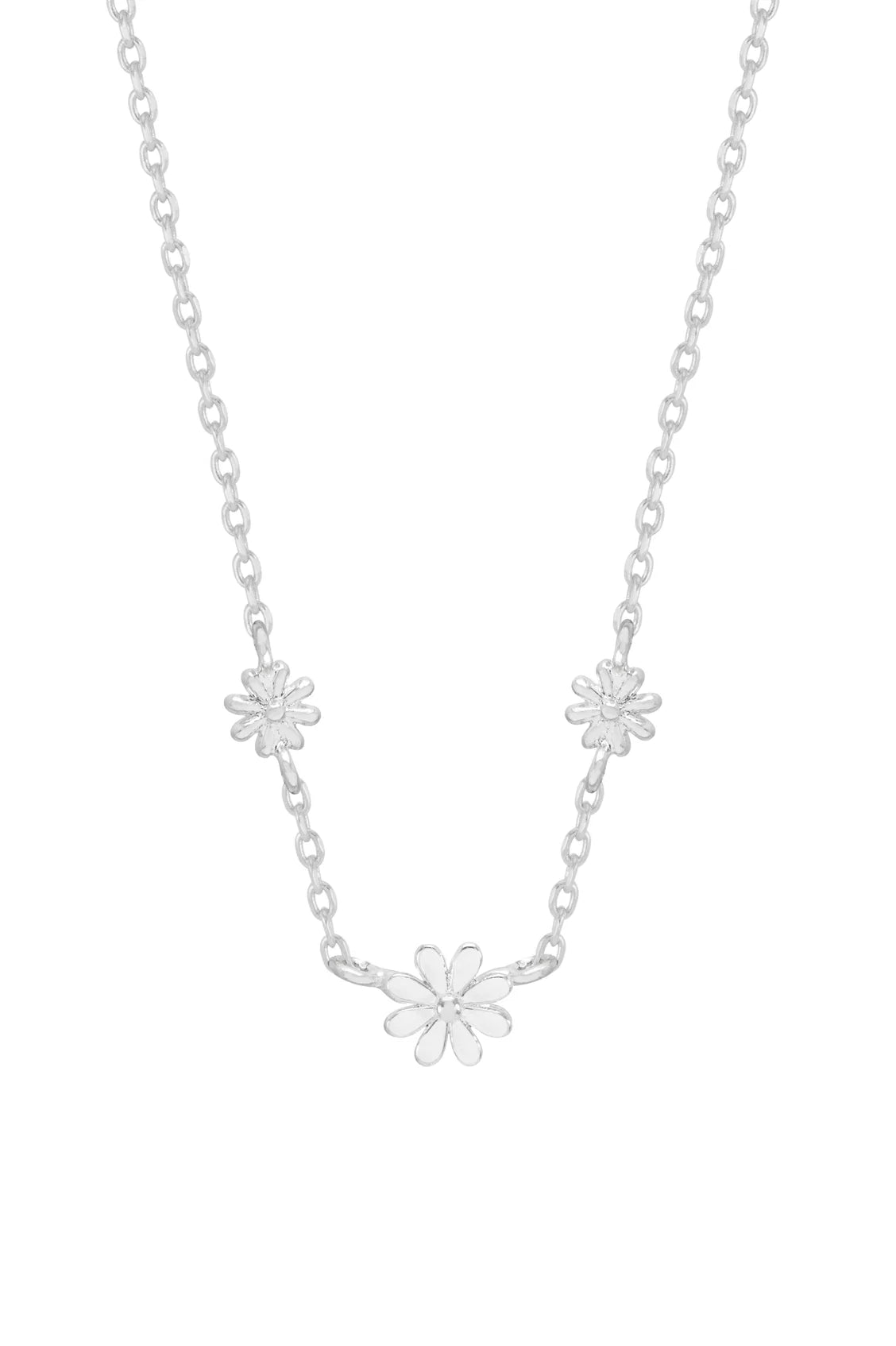 Triple Flower White Enamel Necklace- Silver Plated