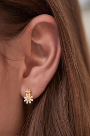 White Enamel Double Flower Studs - Gold
