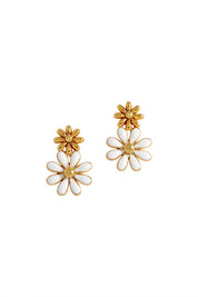 White Enamel Double Flower Studs - Gold