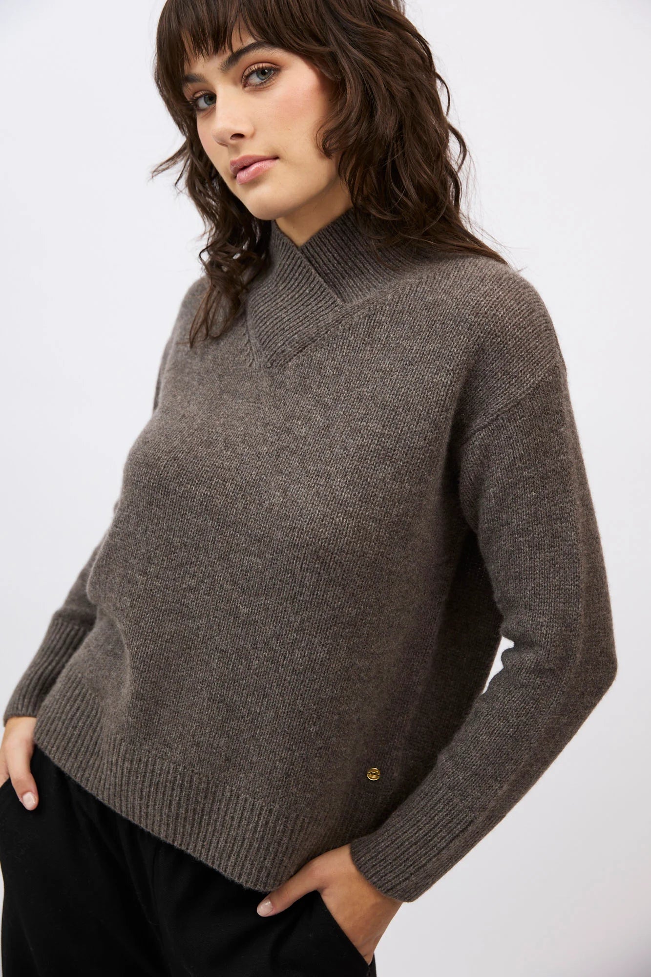 Catherine Front Cross Jumper- Espresso - Presence Hamilton