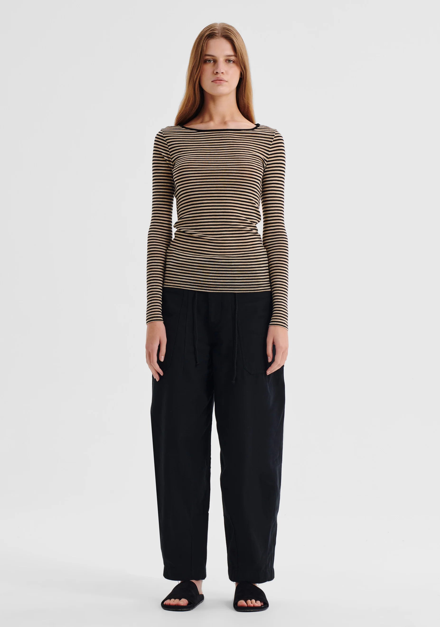 Morri Merino Stripe Round Neck- Birch & Black - Presence Hamilton