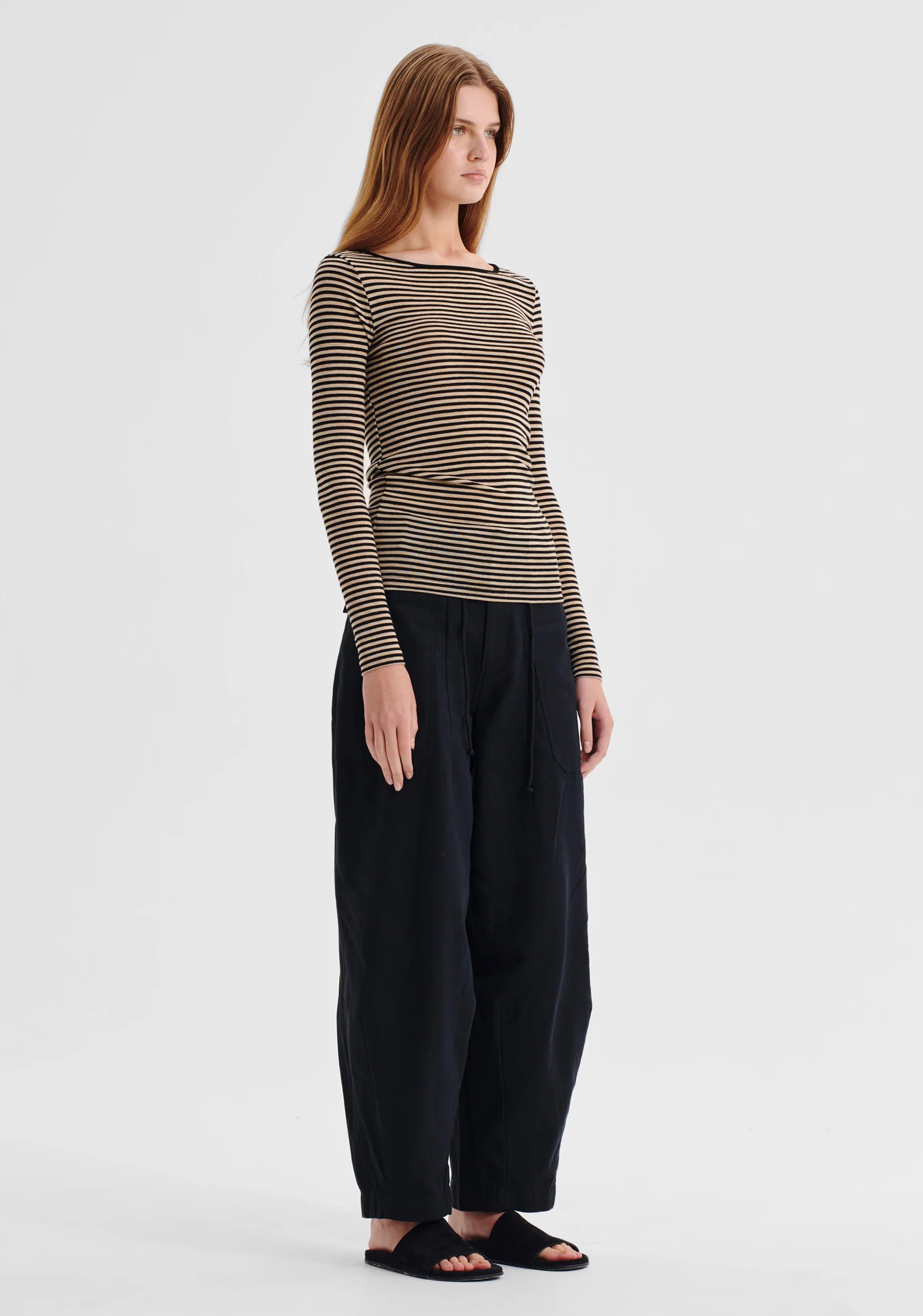 Morri Merino Stripe Round Neck- Birch & Black - Presence Hamilton