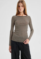 Morri Merino Stripe Round Neck- Birch & Black - Presence Hamilton