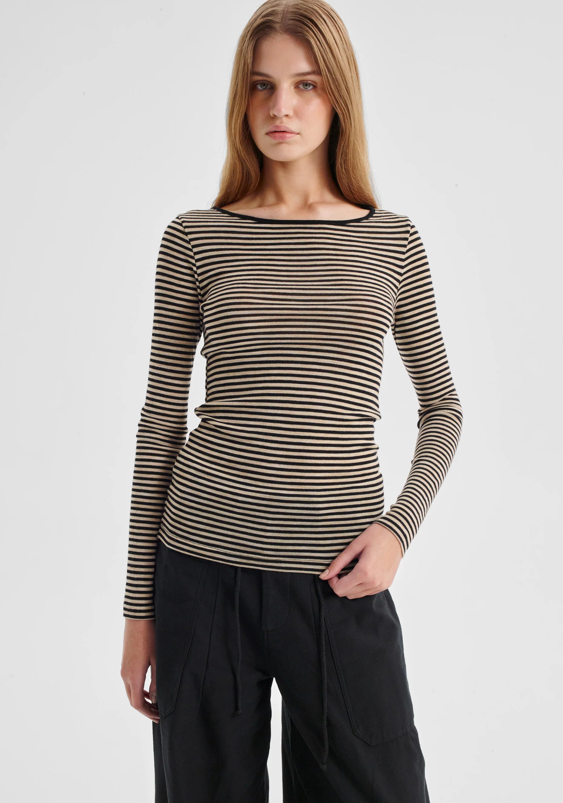 Morri Merino Stripe Round Neck- Birch & Black - Presence Hamilton