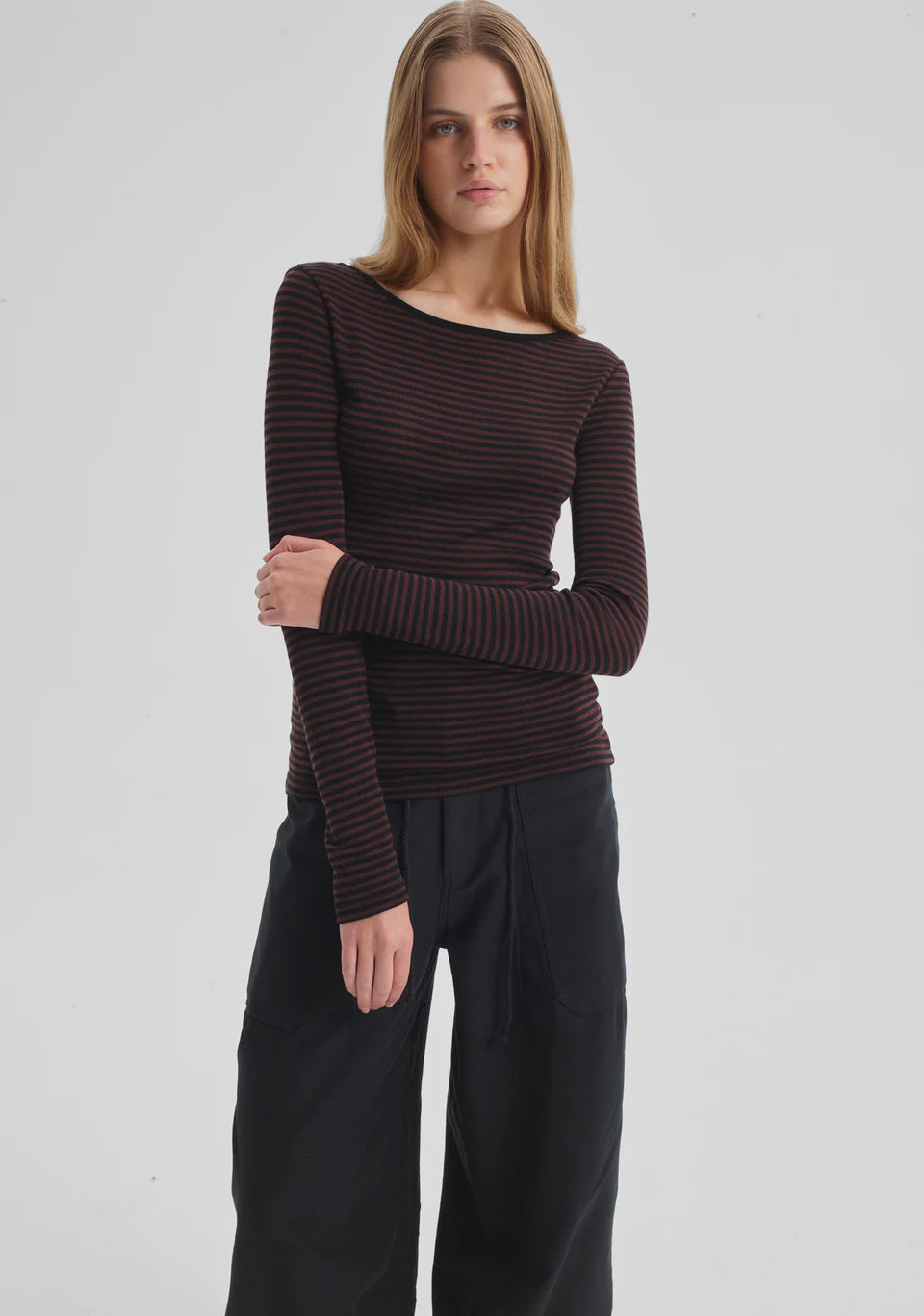 Morri Merino Stripe Round Neck-Espresso & Black - Presence Hamilton