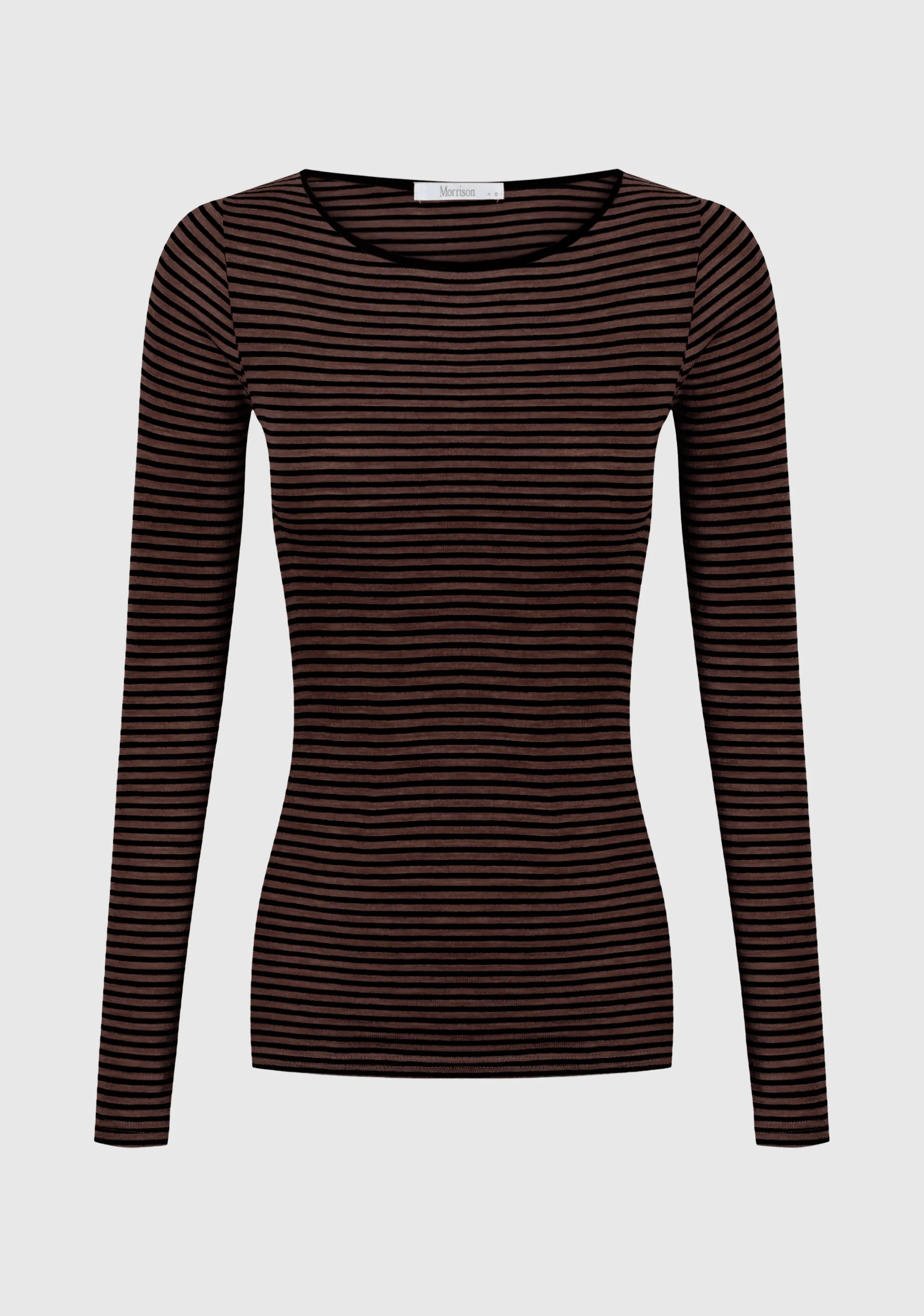 Morri Merino Stripe Round Neck-Espresso & Black - Presence Hamilton