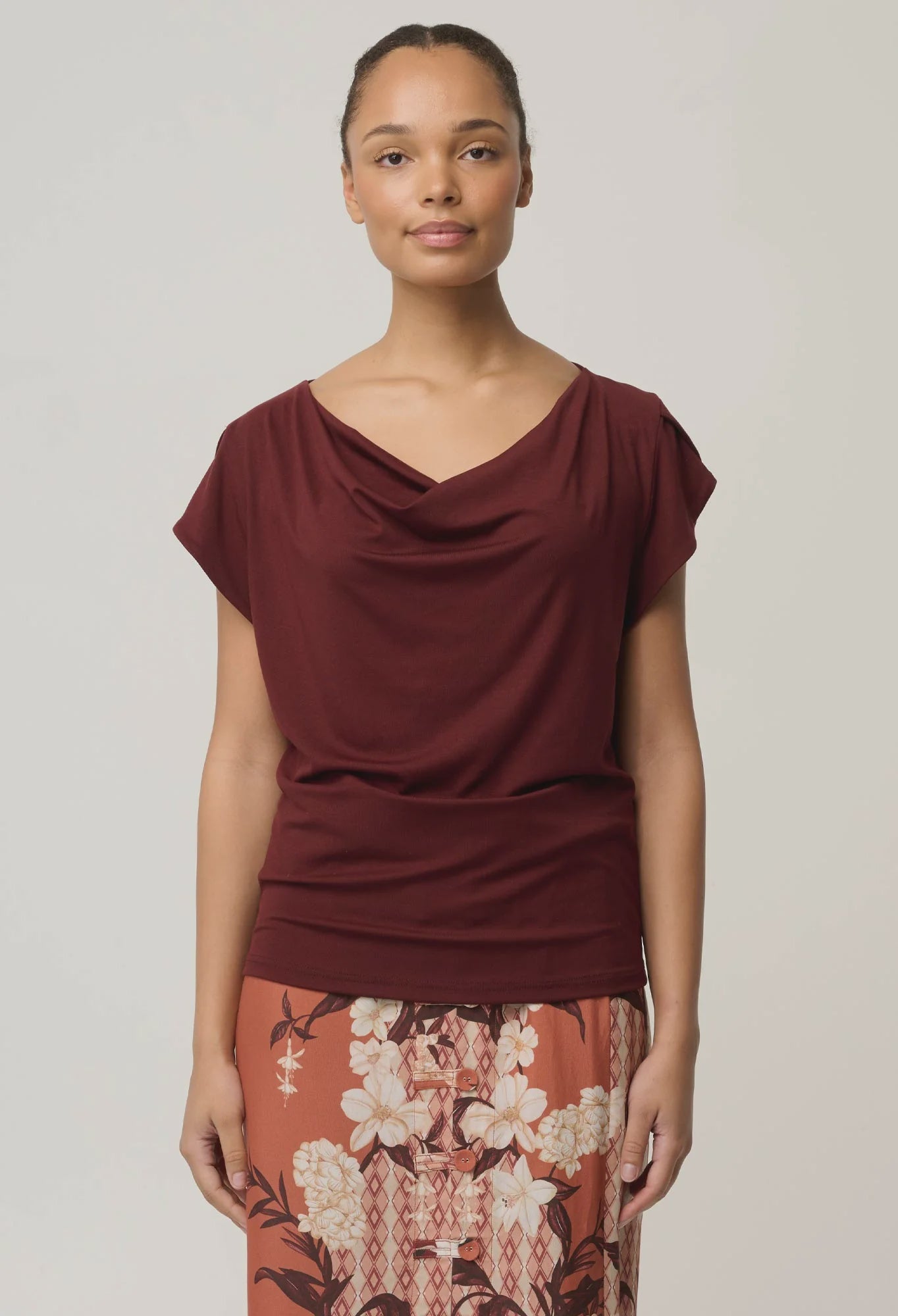 Marisol Cowl Neck Jersey Top-Rosewood