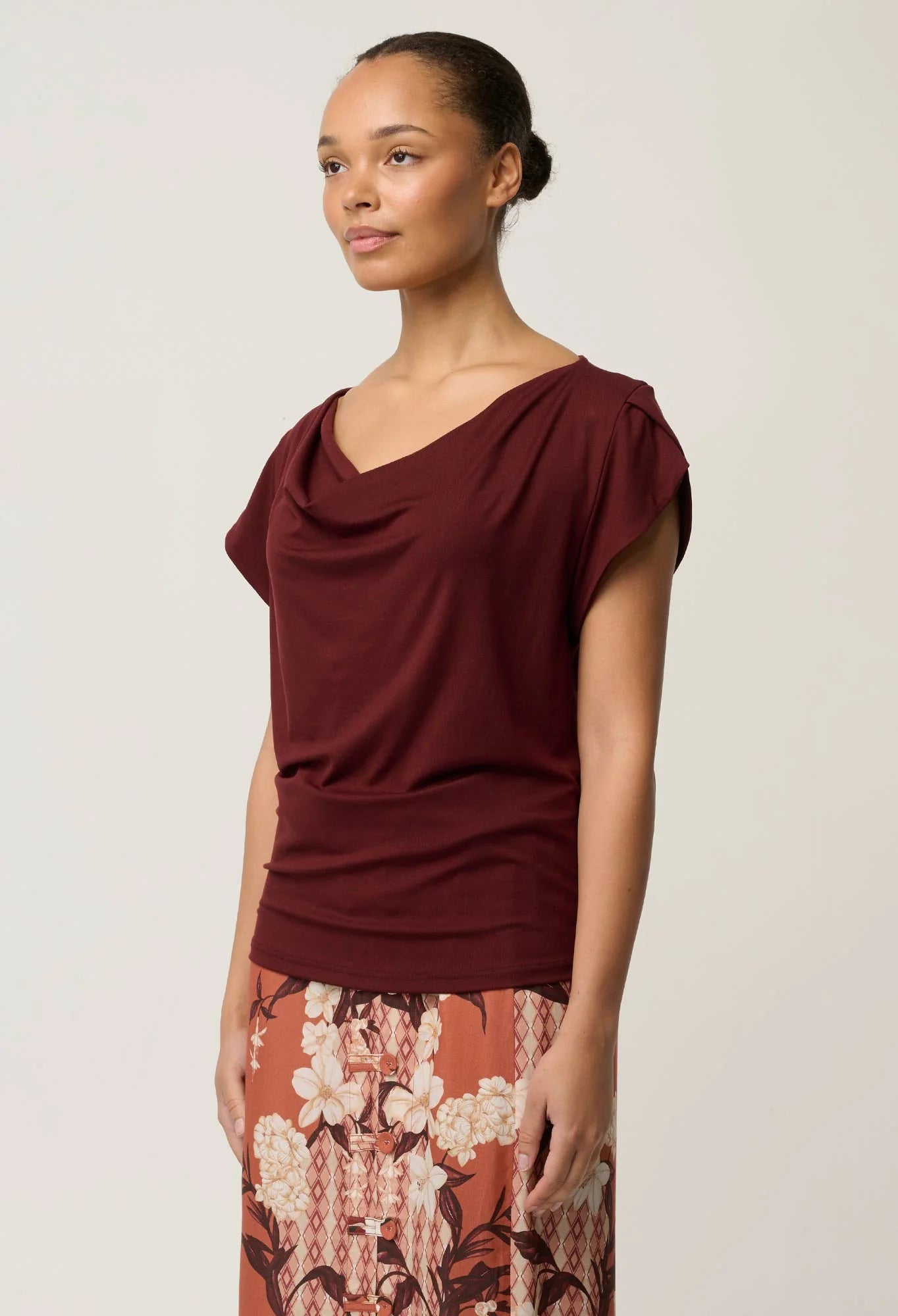 Marisol Cowl Neck Jersey Top-Rosewood