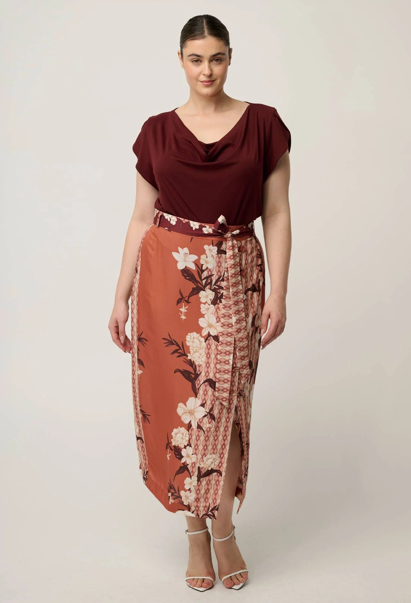 Marisol Cowl Neck Jersey Top-Rosewood