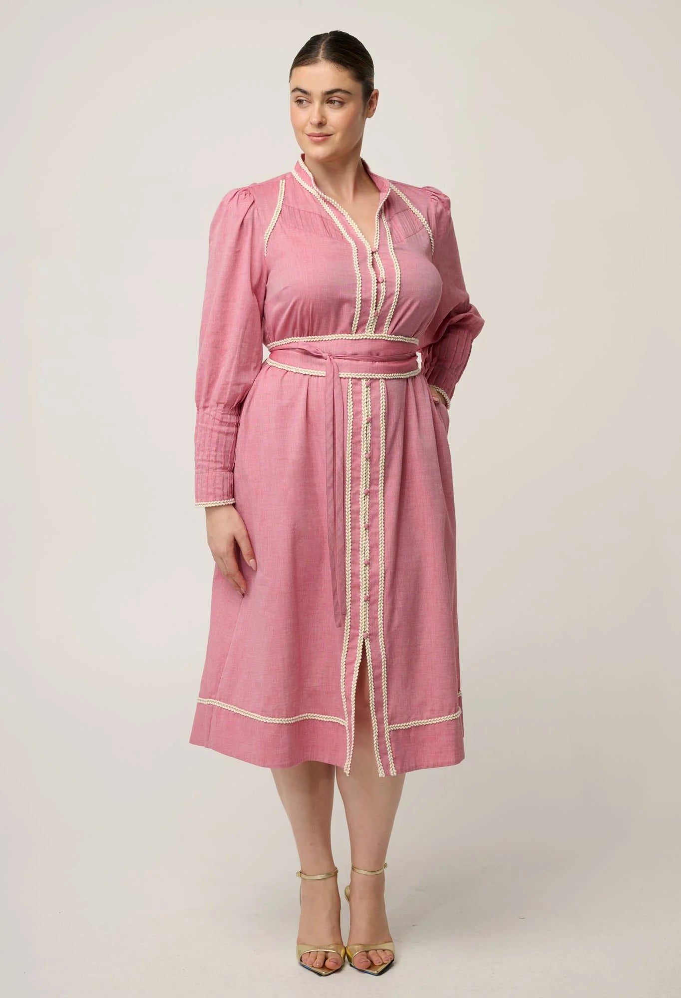 ISLA Trim Detail Dress -Blush Chambray