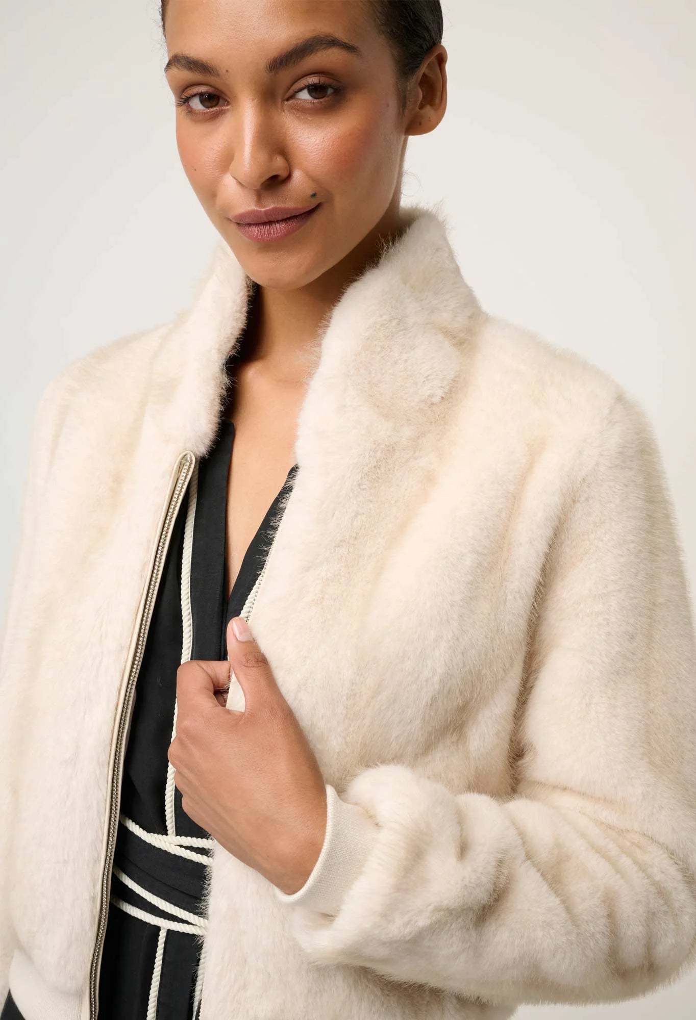 Chrysta Faux Fur Rib Detail Bomber- Porcelain - Presence Hamilton