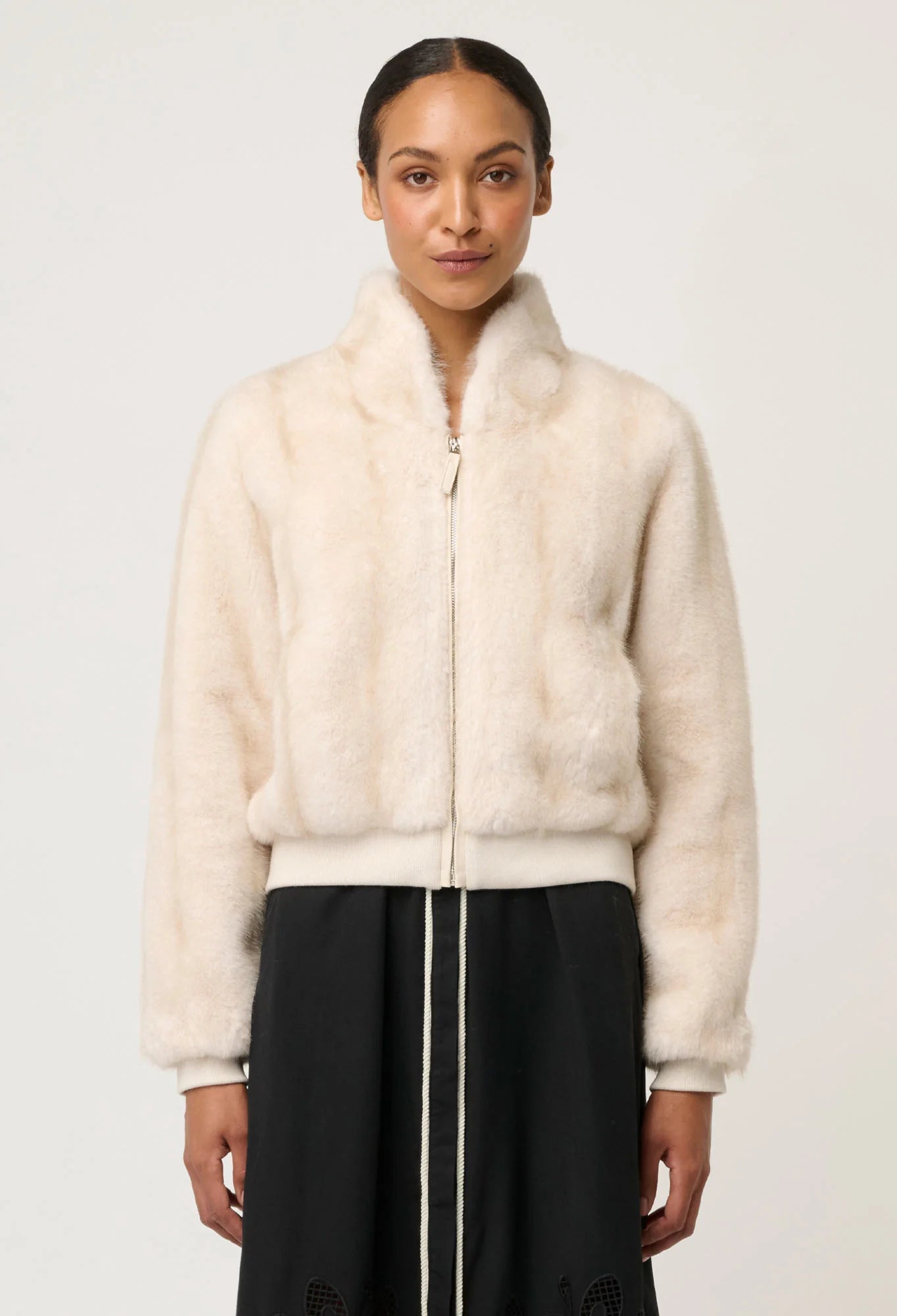 Chrysta Faux Fur Rib Detail Bomber- Porcelain - Presence Hamilton