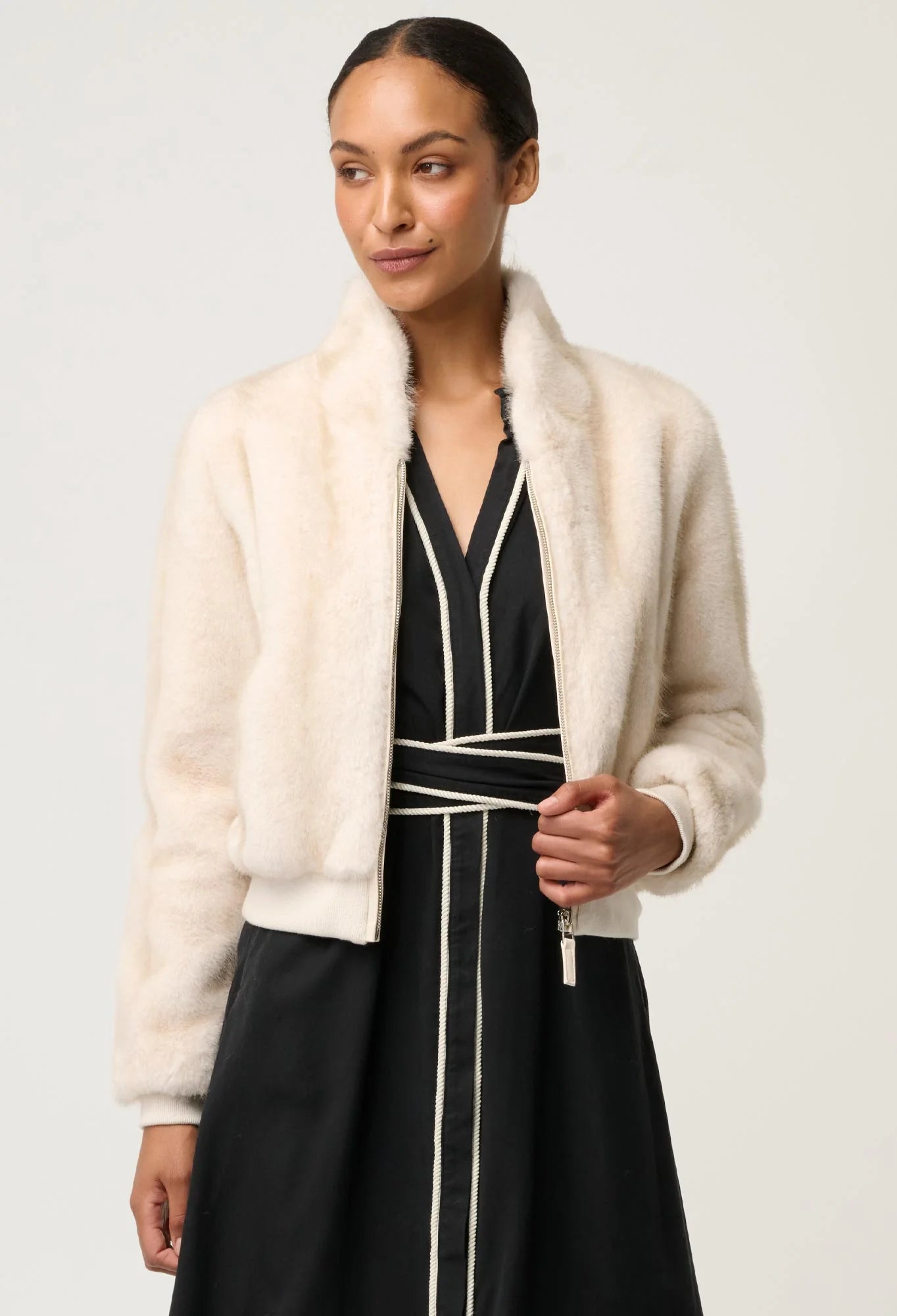 Chrysta Faux Fur Rib Detail Bomber- Porcelain - Presence Hamilton