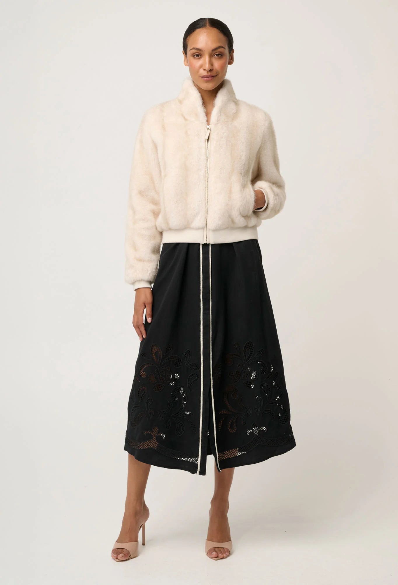 Chrysta Faux Fur Rib Detail Bomber- Porcelain - Presence Hamilton