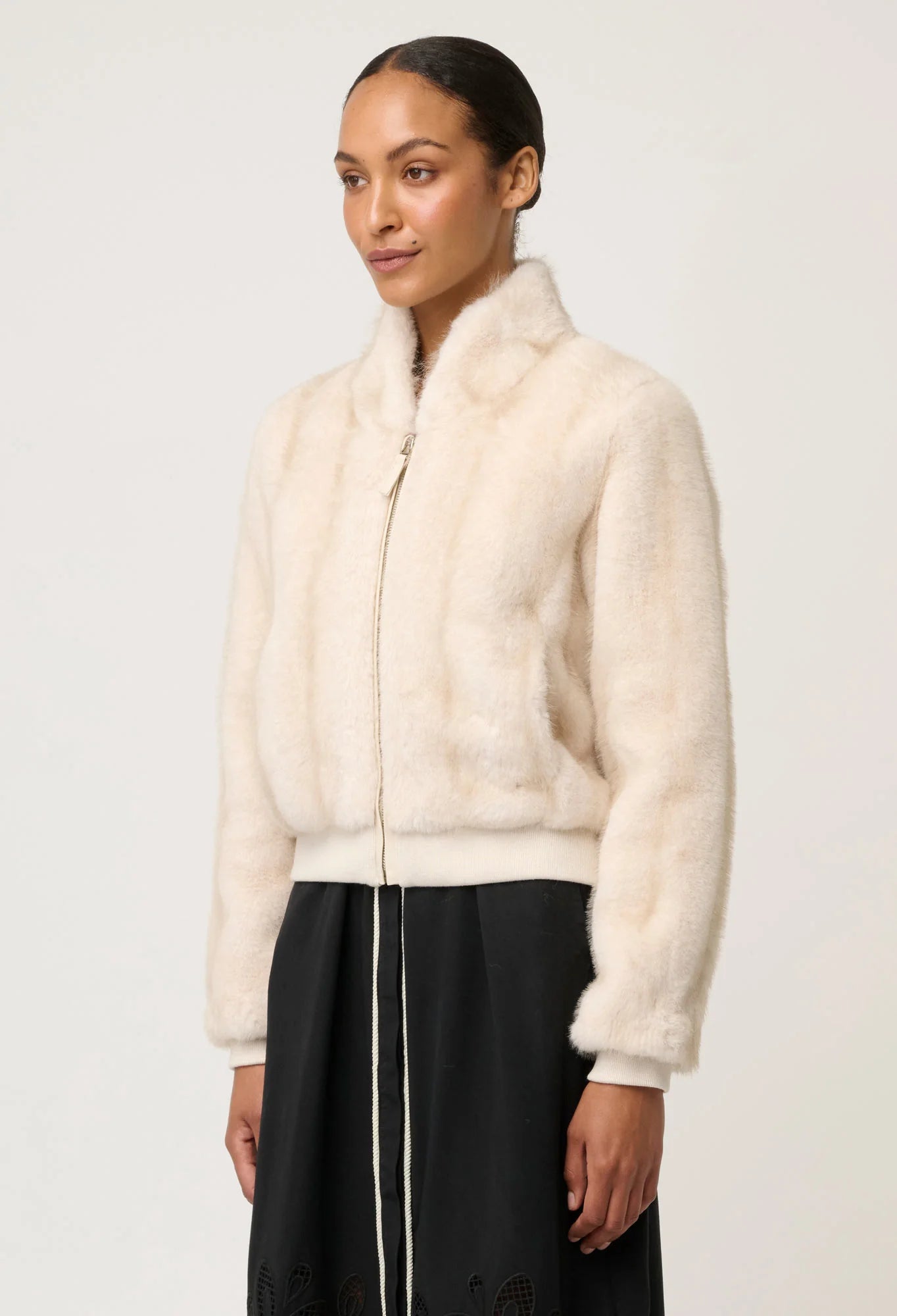 Chrysta Faux Fur Rib Detail Bomber- Porcelain - Presence Hamilton