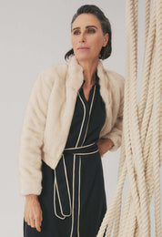 Chrysta Faux Fur Rib Detail Bomber- Porcelain - Presence Hamilton
