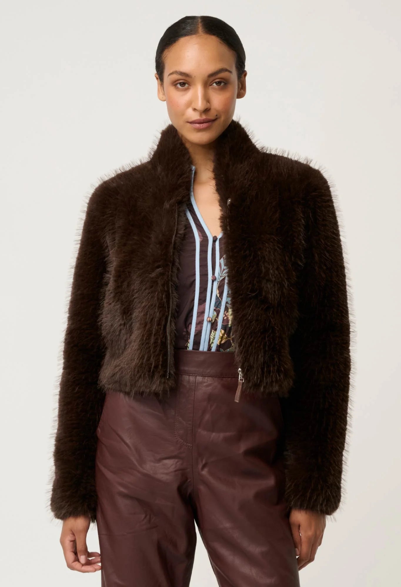 Dawn Faux Fur Cropped Jacket- Walnut - Presence Hamilton