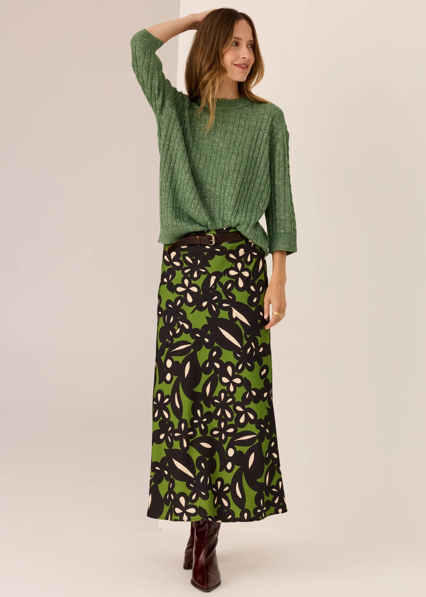 Vaun Cable Knit Tee- Green - Presence Hamilton