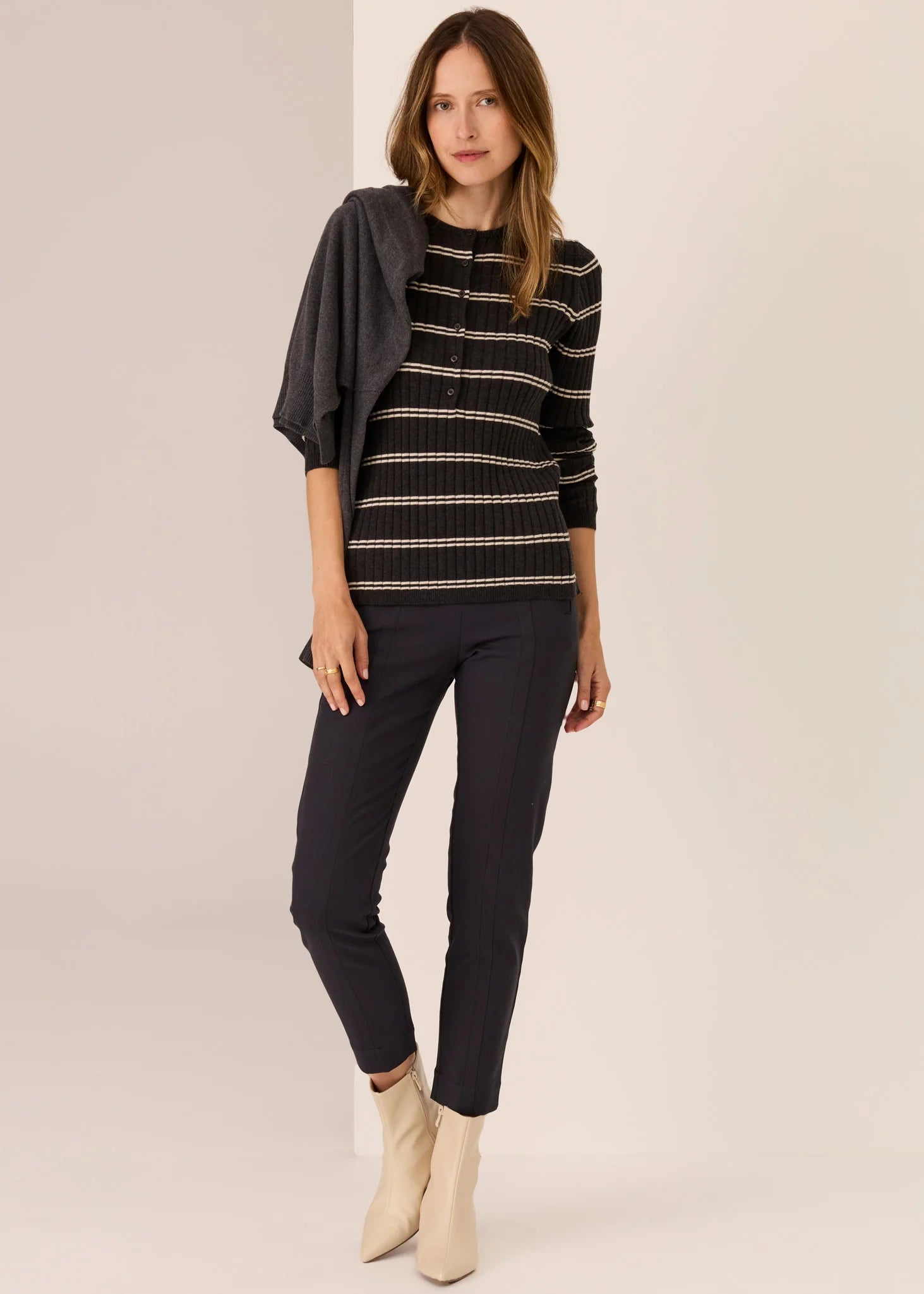 Tate Henley- Charcoal & White Stripe - Presence Hamilton