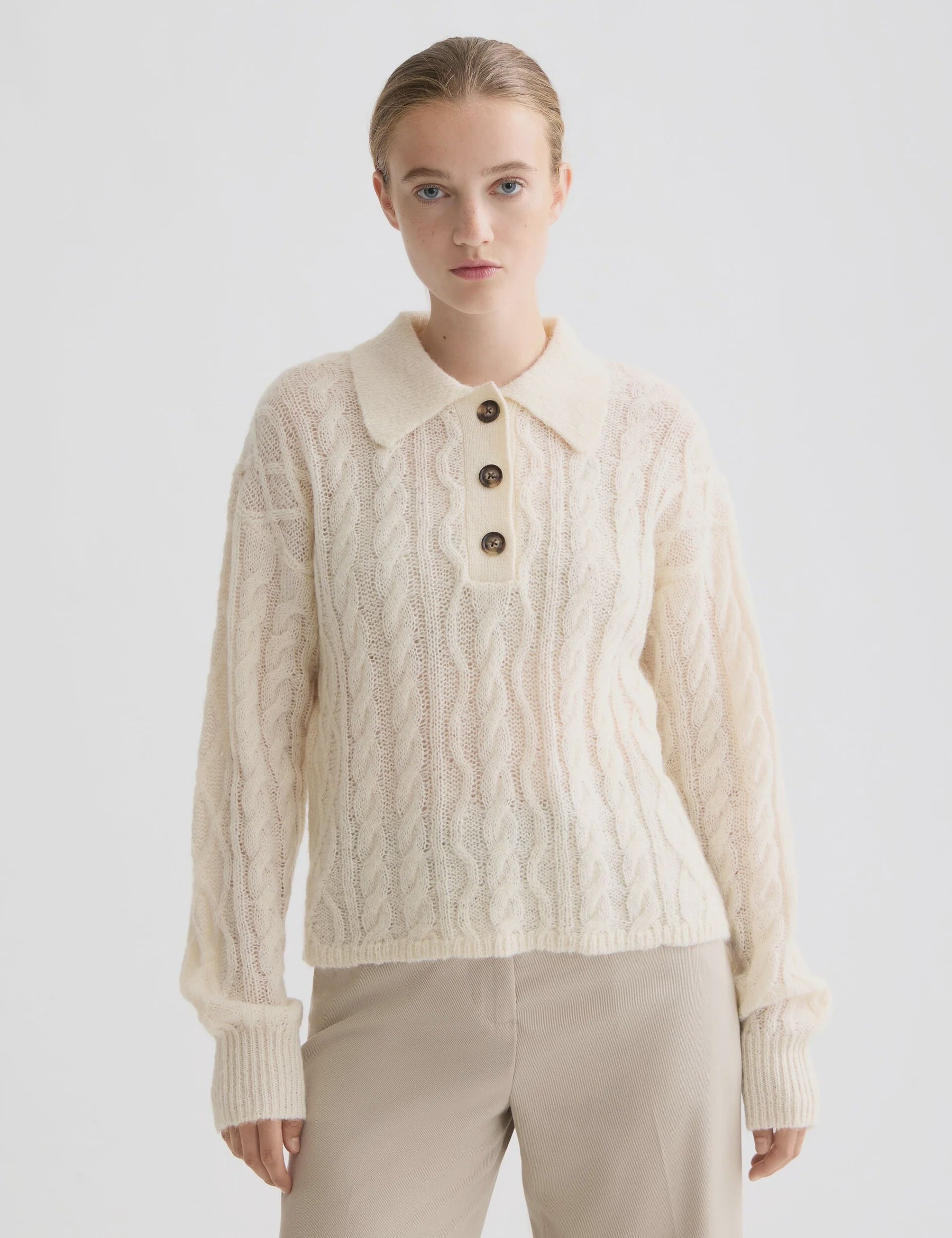 Cable Polo Neck Pullover- Eggnog - Presence Hamilton