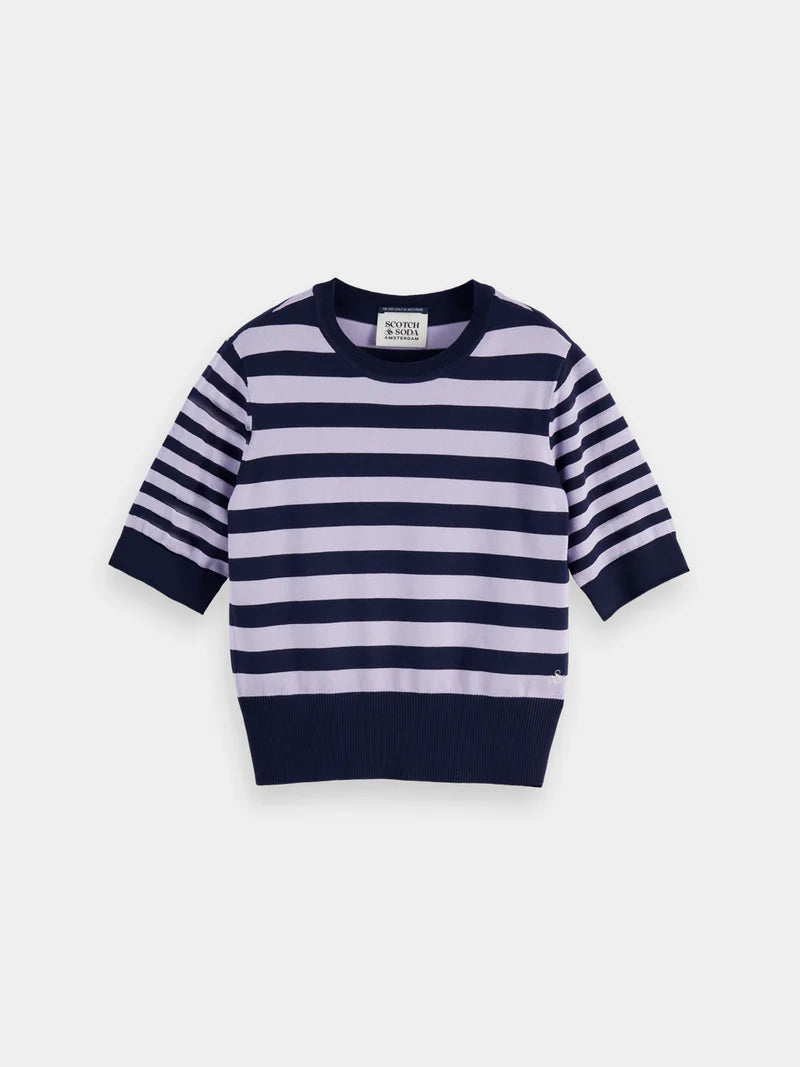 Short sleeved pullover top-Sky captain/lavender stripe - Presence Hamilton