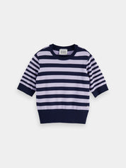 Short sleeved pullover top-Sky captain/lavender stripe - Presence Hamilton
