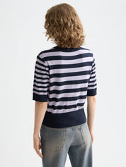 Short sleeved pullover top-Sky captain/lavender stripe - Presence Hamilton