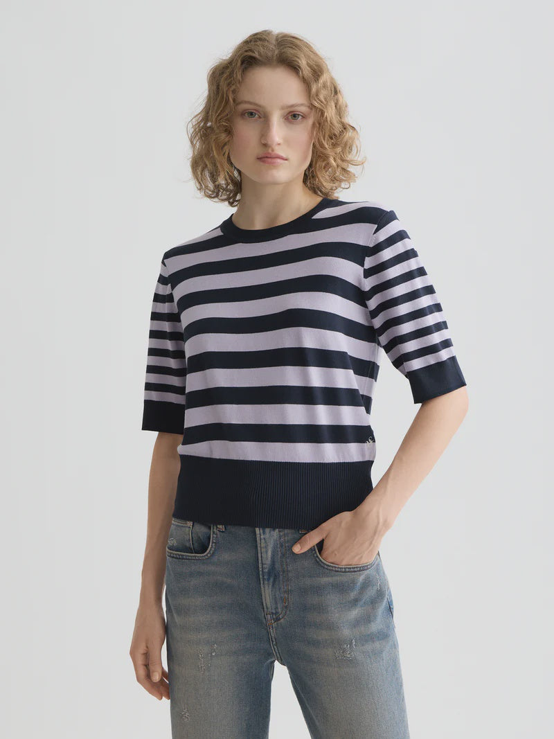 Short sleeved pullover top-Sky captain/lavender stripe - Presence Hamilton