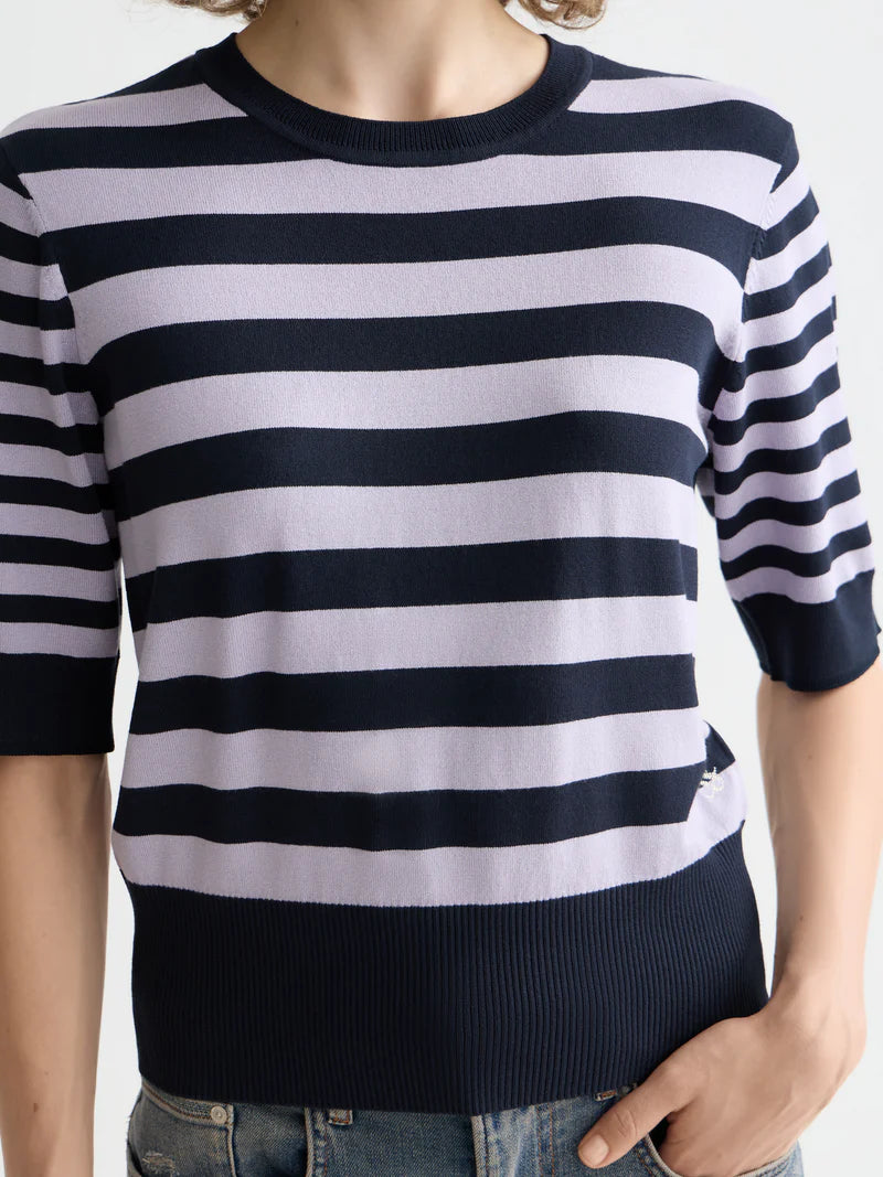 Short sleeved pullover top-Sky captain/lavender stripe - Presence Hamilton
