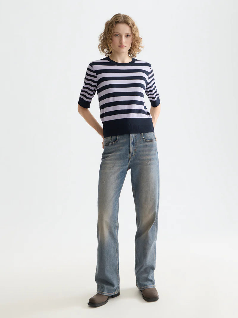 Short sleeved pullover top-Sky captain/lavender stripe - Presence Hamilton